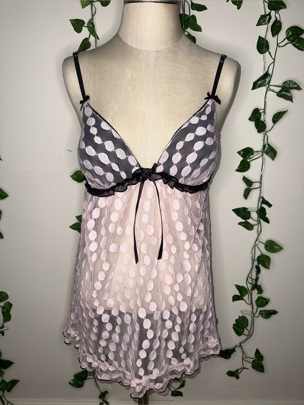 Linea Donatella Y2K Babydoll Lingerie Top Pink Sheer Flowy Black Bows Baby Pink